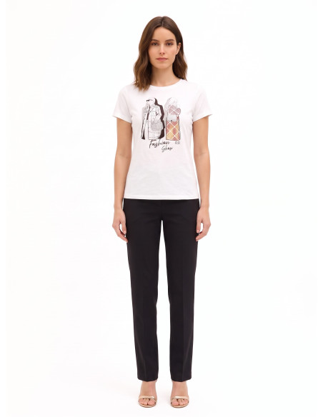 Regular T-shirt van katoen met modieuze folieprint en strasssteentjes Rinascimento