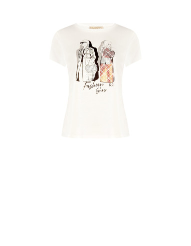 T-shirt regular en coton avec imprimé mode laminé et strass Rinascimento