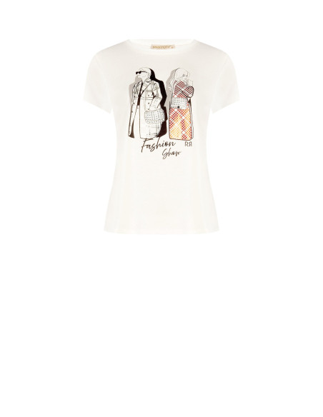 T-shirt regular en coton avec imprimé mode laminé et strass Rinascimento