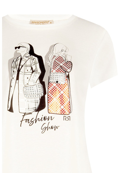 T-shirt regular en coton avec imprimé mode laminé et strass Rinascimento
