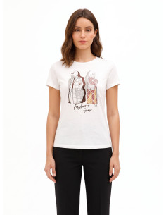 Regular T-shirt van katoen met modieuze folieprint en strasssteentjes Rinascimento