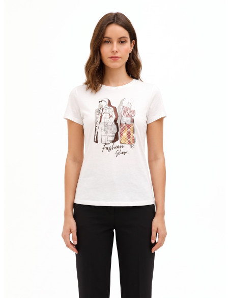 T-shirt regular en coton avec imprimé mode laminé et strass Rinascimento