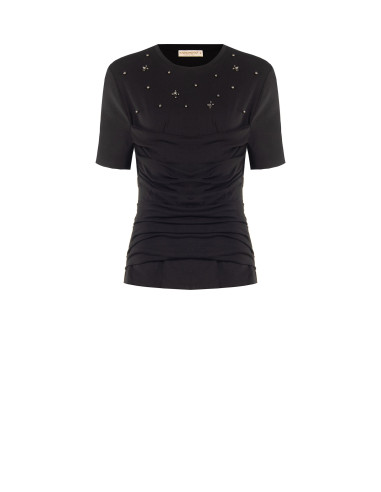 Regular T-shirt van katoenmix met draperie en cabochon-kristallen Rinascimento