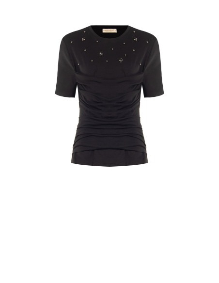 Regular T-shirt van katoenmix met draperie en cabochon-kristallen Rinascimento