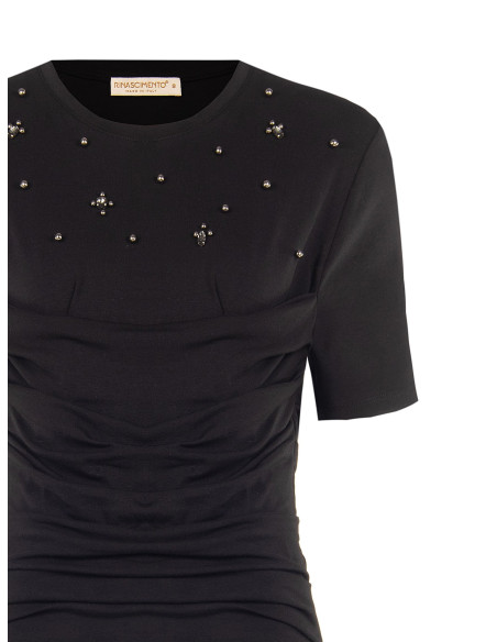 T-shirt regular en mélange de coton avec drapé et cristaux cabochon Rinascimento