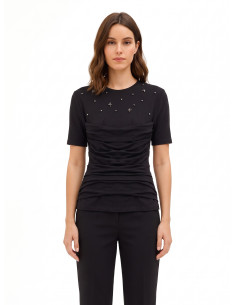 Regular T-shirt van katoenmix met draperie en cabochon-kristallen Rinascimento