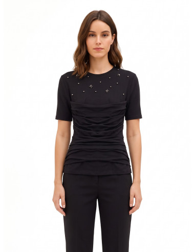 T-shirt regular en mélange de coton avec drapé et cristaux cabochon Rinascimento