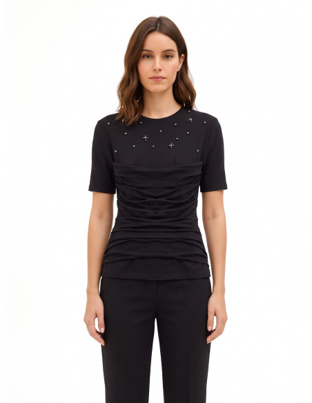 T-shirt regular en mélange de coton avec drapé et cristaux cabochon Rinascimento
