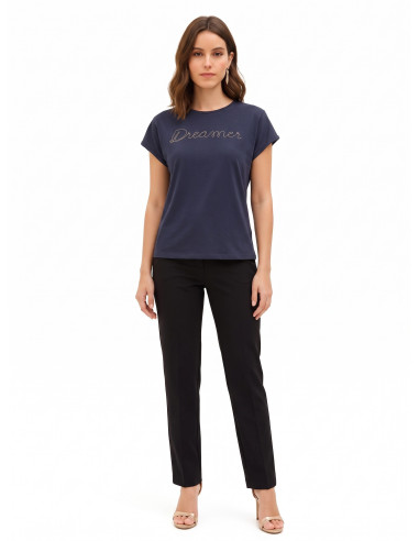 T-shirt regular en coton mélangé avec inscription « Dreamer » en chaîne fine Rinascimento