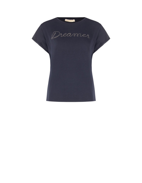 T-shirt regular en coton mélangé avec inscription « Dreamer » en chaîne fine Rinascimento