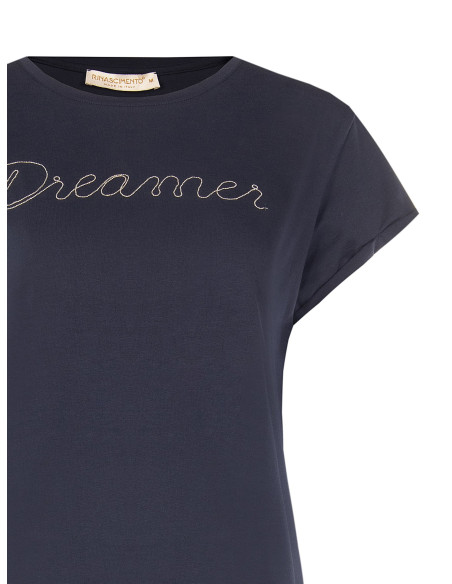 T-shirt regular en coton mélangé avec inscription « Dreamer » en chaîne fine Rinascimento