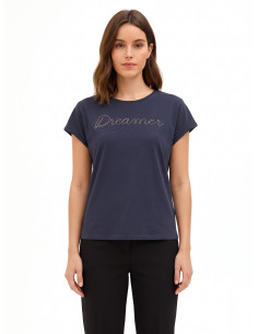 T-shirt regular en coton mélangé avec inscription « Dreamer » en chaîne fine Rinascimento
