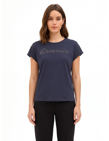 T-shirt regular en coton mélangé avec inscription « Dreamer » en chaîne fine Rinascimento