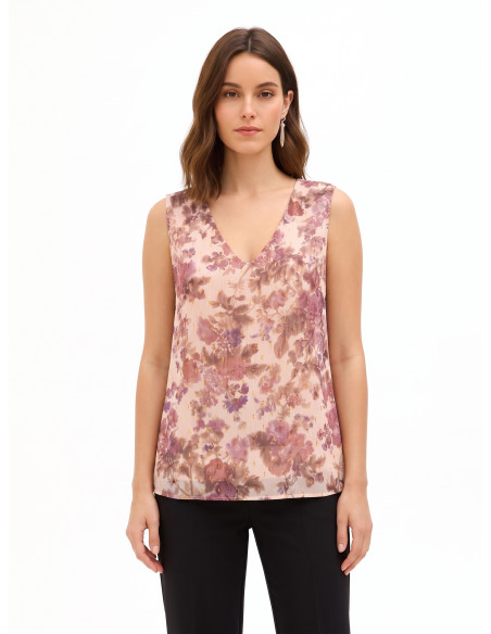 Ruime, trapeziumvormige top van gebloemde georgette met lurexdruppels Rinascimento