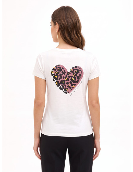 T-Shirt regular en coton avec imprimé cœur floqué à motif léopard Rinascimento