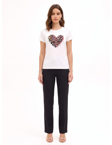 T-Shirt regular en coton avec imprimé cœur floqué à motif léopard Rinascimento