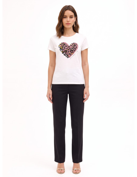 T-Shirt regular en coton avec imprimé cœur floqué à motif léopard Rinascimento