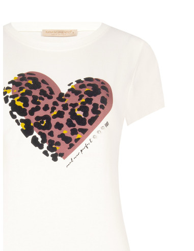 T-Shirt regular en coton avec imprimé cœur floqué à motif léopard Rinascimento