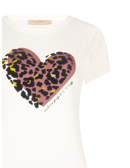 T-Shirt regular en coton avec imprimé cœur floqué à motif léopard Rinascimento