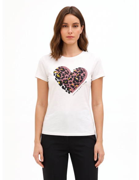 T-Shirt regular en coton avec imprimé cœur floqué à motif léopard Rinascimento