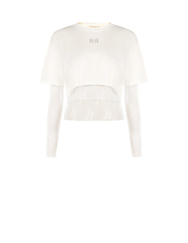 Ensemble composé d’un top en dentelle et d’un crop top en coton avec logo RR en strass Rinascimento