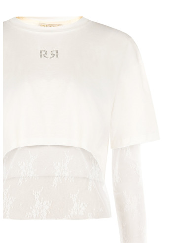 Ensemble composé d’un top en dentelle et d’un crop top en coton avec logo RR en strass Rinascimento