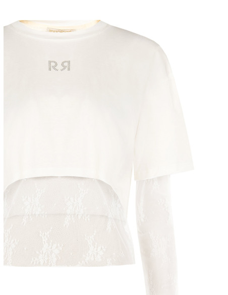 Ensemble composé d’un top en dentelle et d’un crop top en coton avec logo RR en strass Rinascimento