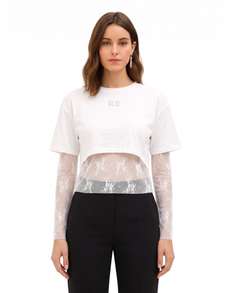 Set van kanten top en crop top van katoen met RR-logo van strass Rinascimento