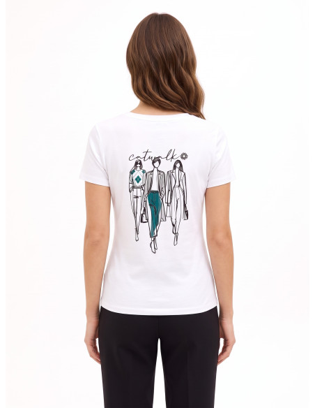 Regular T-shirt van katoenmix met flockprint van een modeshow Rinascimento