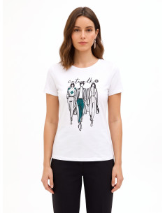 T-shirt regular en coton mélangé avec imprimé de défilé floqué Rinascimento