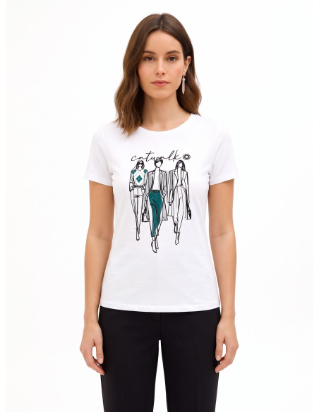 T-shirt regular en coton mélangé avec imprimé de défilé floqué Rinascimento