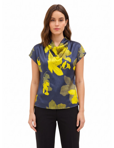 Blouse fluide en satin fleuri à encolure drapée Rinascimento