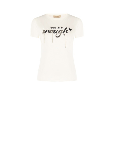 T-shirt regular en coton mélangé avec inscription slogan et strass Rinascimento
