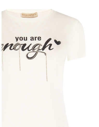 T-shirt regular en coton mélangé avec inscription slogan et strass Rinascimento
