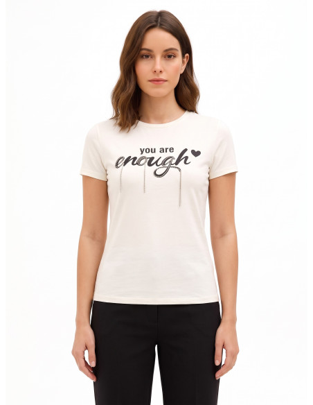 Regular T-shirt van katoenmix met sloganprint en strassversiering Rinascimento