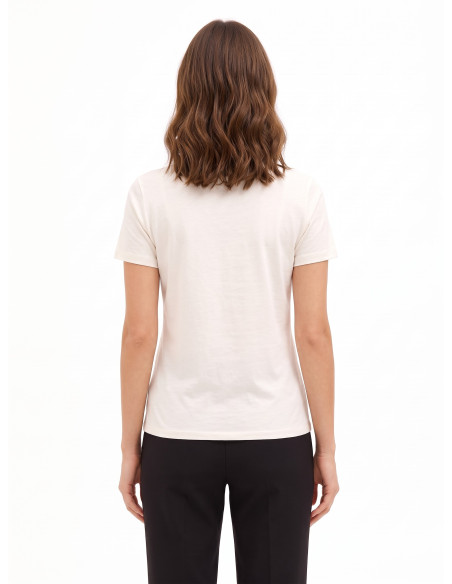 Regular T-shirt van katoenmix met print van een vrouwfiguur en kristallen Rinascimento