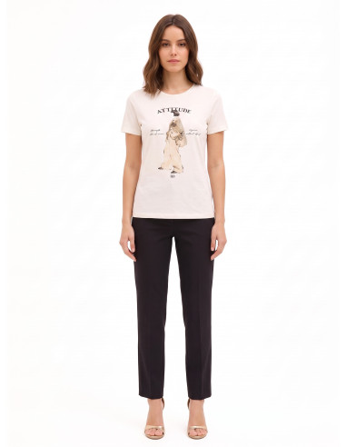 T-shirt regular en coton mélangé, imprimé représentant une silhouette féminine avec cristaux Rinascimento