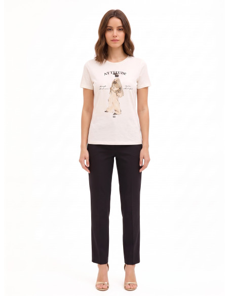 T-shirt regular en coton mélangé, imprimé représentant une silhouette féminine avec cristaux Rinascimento