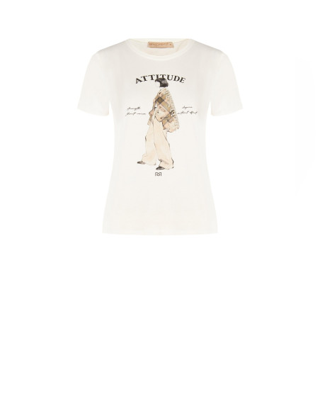 T-shirt regular en coton mélangé, imprimé représentant une silhouette féminine avec cristaux Rinascimento