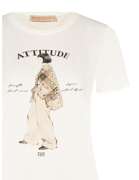 T-shirt regular en coton mélangé, imprimé représentant une silhouette féminine avec cristaux Rinascimento