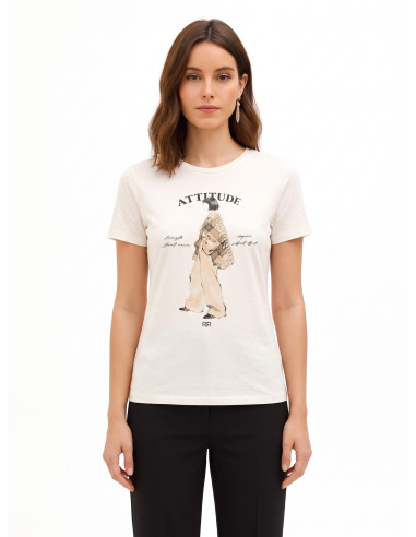 T-shirt regular en coton mélangé, imprimé représentant une silhouette féminine avec cristaux Rinascimento