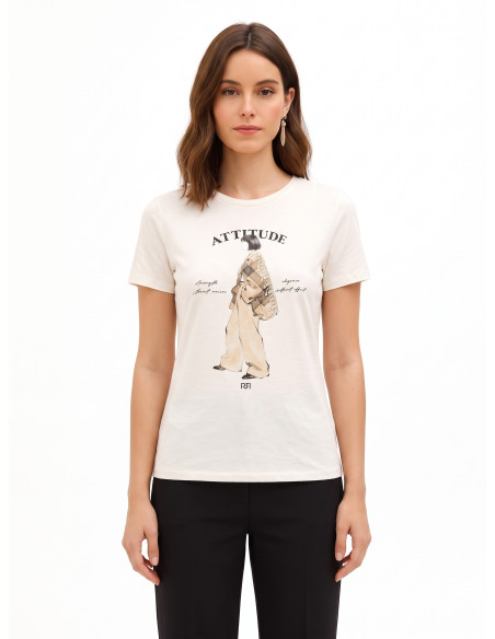 T-shirt regular en coton mélangé, imprimé représentant une silhouette féminine avec cristaux Rinascimento