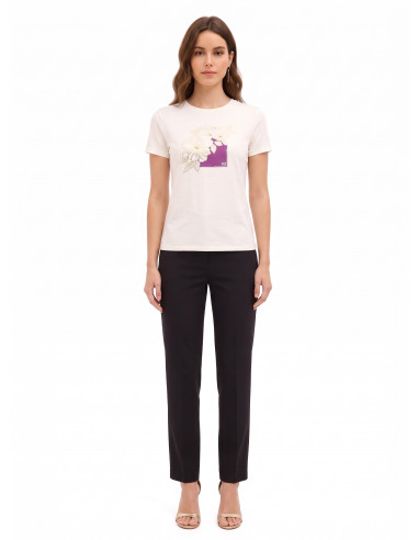 T-shirt regular en coton avec fleurs laminées et perles Rinascimento