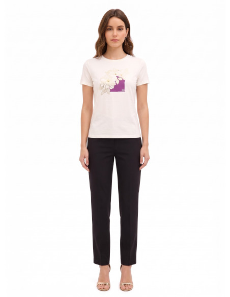 T-shirt regular en coton avec fleurs laminées et perles Rinascimento