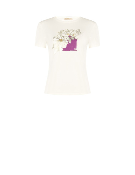 Regular katoenen T-shirt met gelamineerde bloemen en parels Rinascimento