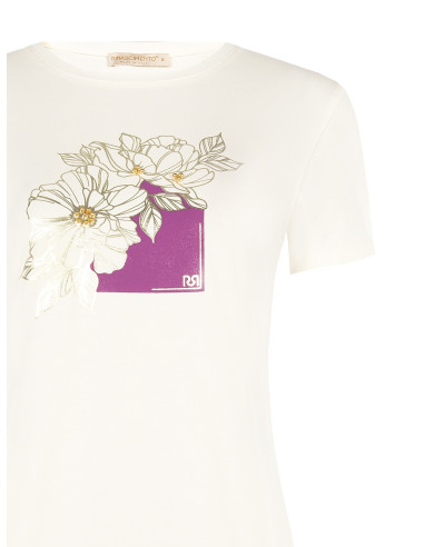 T-shirt regular en coton avec fleurs laminées et perles Rinascimento