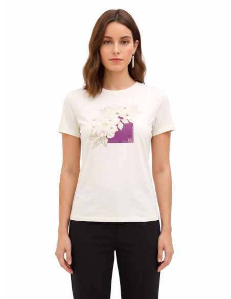 T-shirt regular en coton avec fleurs laminées et perles Rinascimento