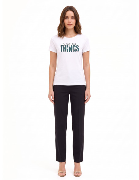 T-shirt regular en mélange de coton avec slogan imprimé et strass Rinascimento