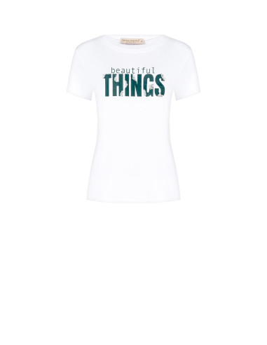 Regular T-shirt van een katoenmix met sloganprint en strass-steentjes Rinascimento