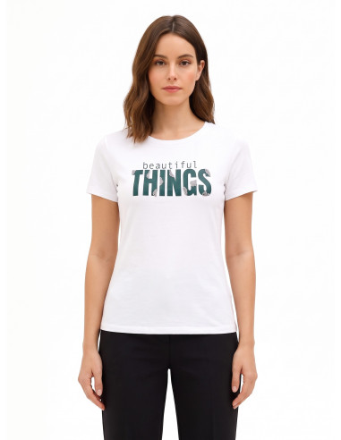 T-shirt regular en mélange de coton avec slogan imprimé et strass Rinascimento